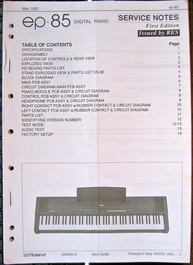 Roland EP-85 Digital Piano Keyboard Original Service Manual Schematics Booklet