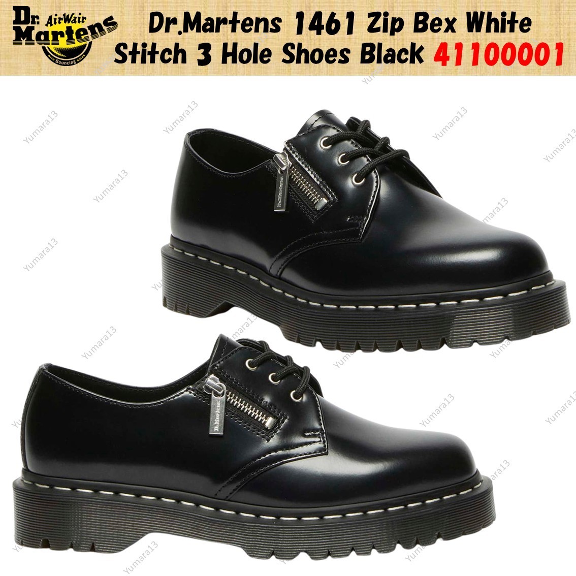 Dr.Martens 1461 Zip Bex White Stitch 3 Hole Shoes Black 41100001 Men's Size