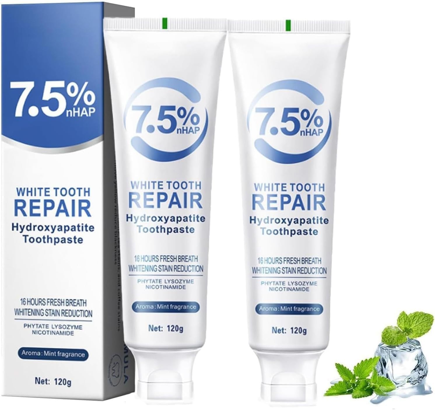 2 Pasta dental con 7.5% Nano Hidroxiapatita, sin flúor, 4oz, blanqueadora