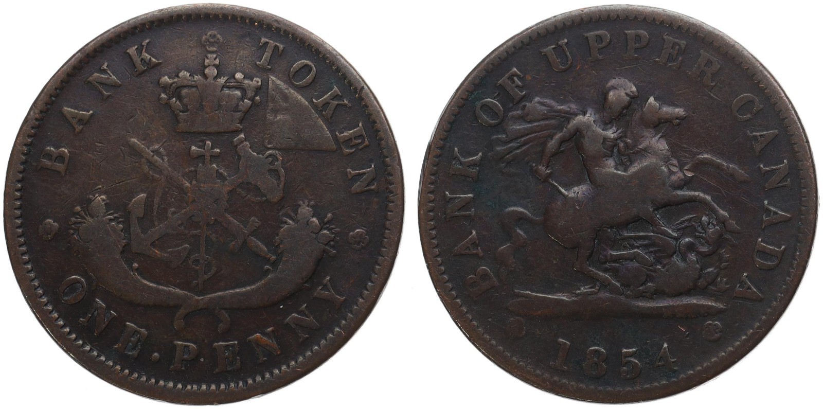 Canada Bank of Upper Canada 1 One Penny 1854 Copper Coin 15.5g Ø 33.4mm KM# Tn3