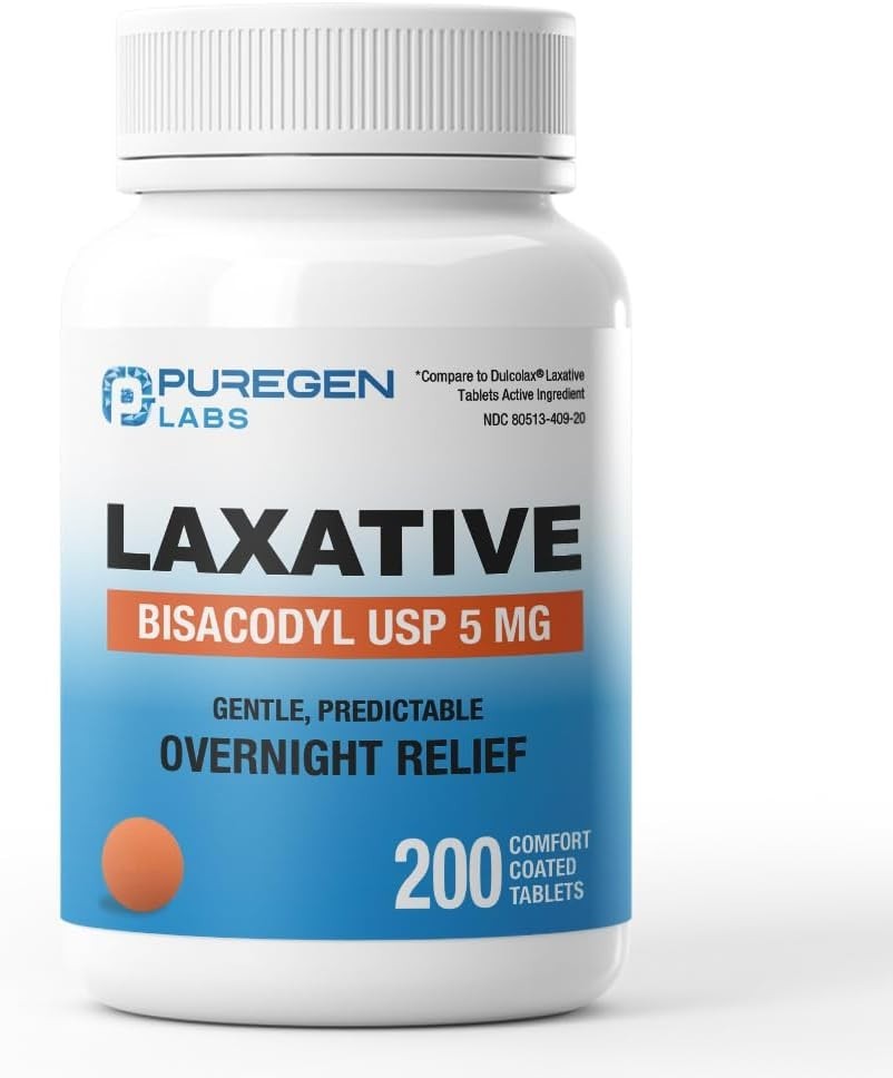 Puregen Labs Bisacodyl 5mg Tablet | 200 Count | Stimulant Laxative Exp 12/27