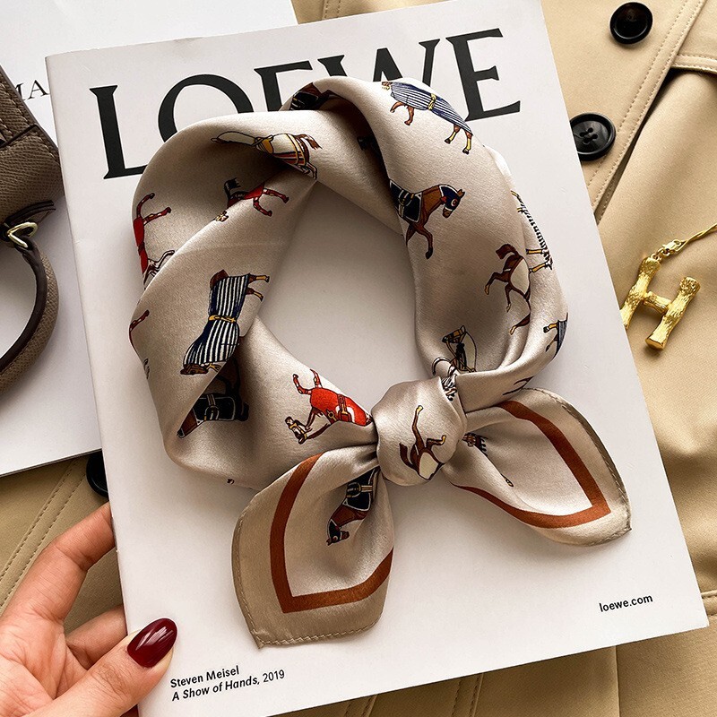 100% Silk Small Scarf Women Neckerchief Bandana Fashion Champagne Horse 53*53cm