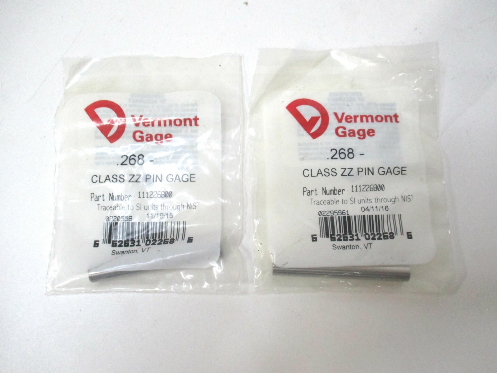 Vermont Gage (111226800) 0.268" Tolerance Class ZZ Steel No-Go Pin Gage - Qty 2