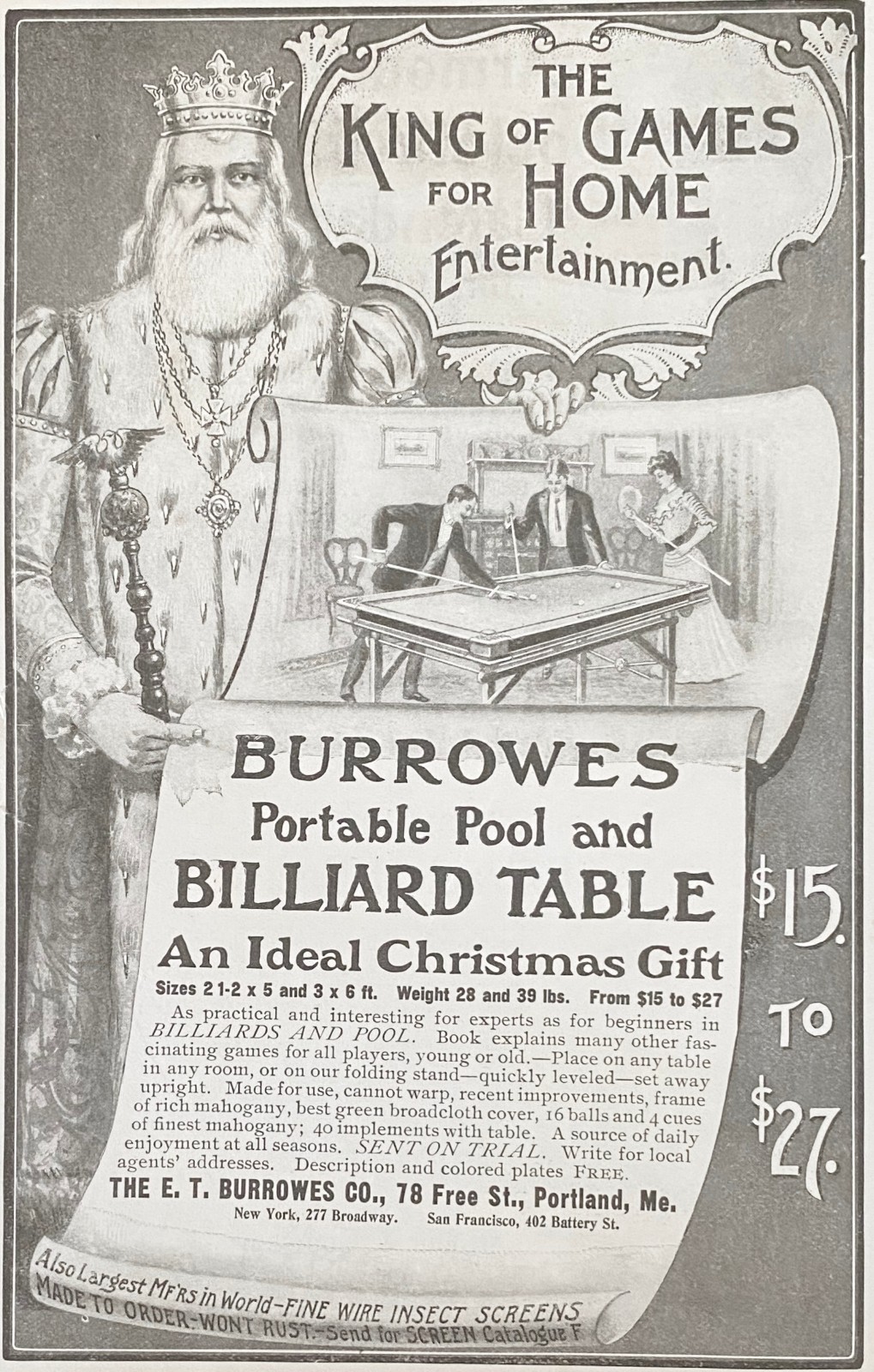 E.T. Burrowes Home Game Entertainment KING! Billiard&Pool Table Vtg 1901 Xmas Ad