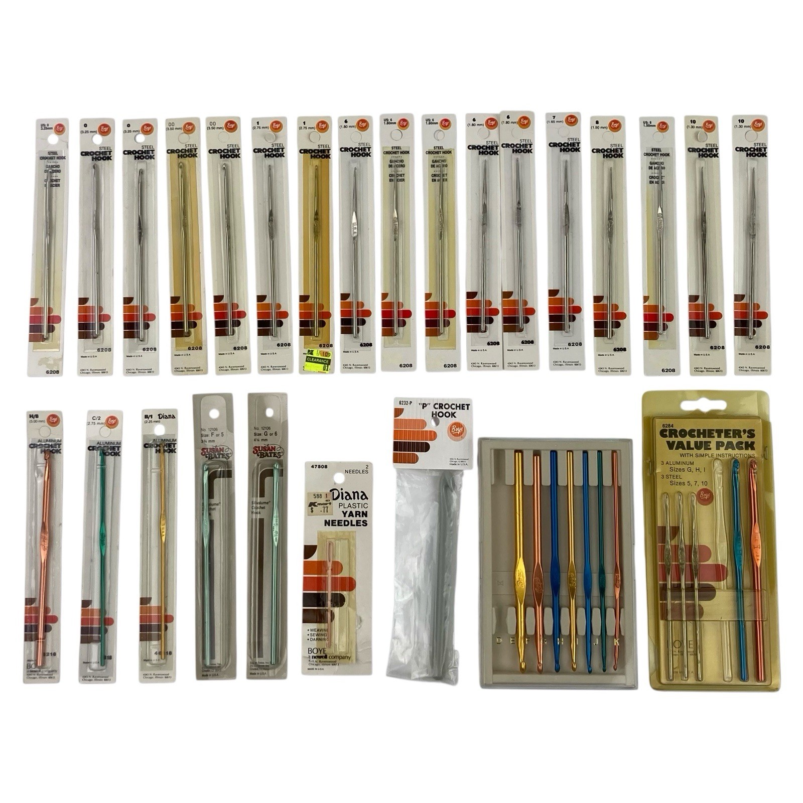 Lot Of 36 Varieties Boye & Susan Bates Crochet Hooks Steel, Aluminum New Sealed