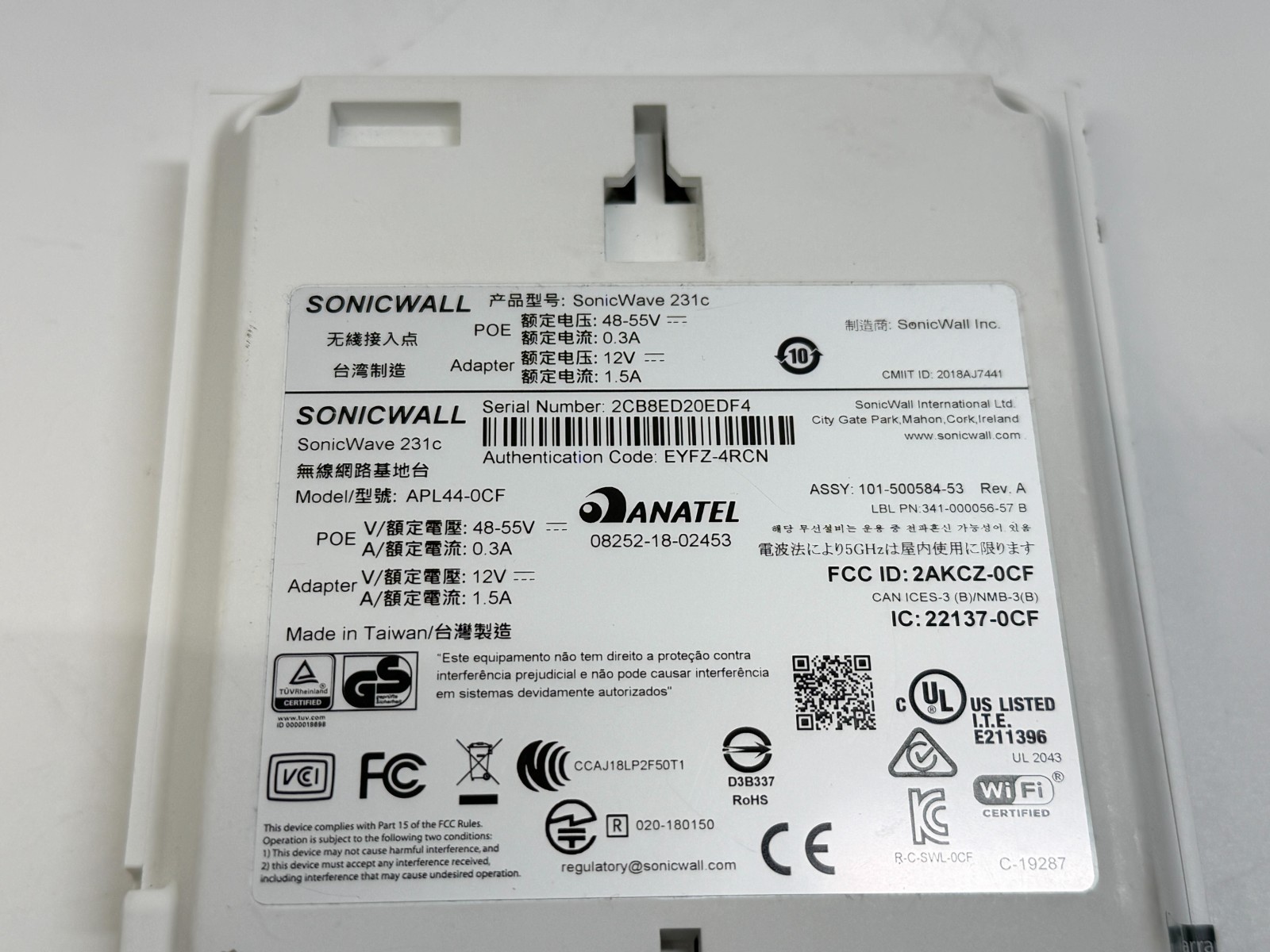 Sonicwall Sonicwave 231c Access Point 12V 1.5A APL44-0CF