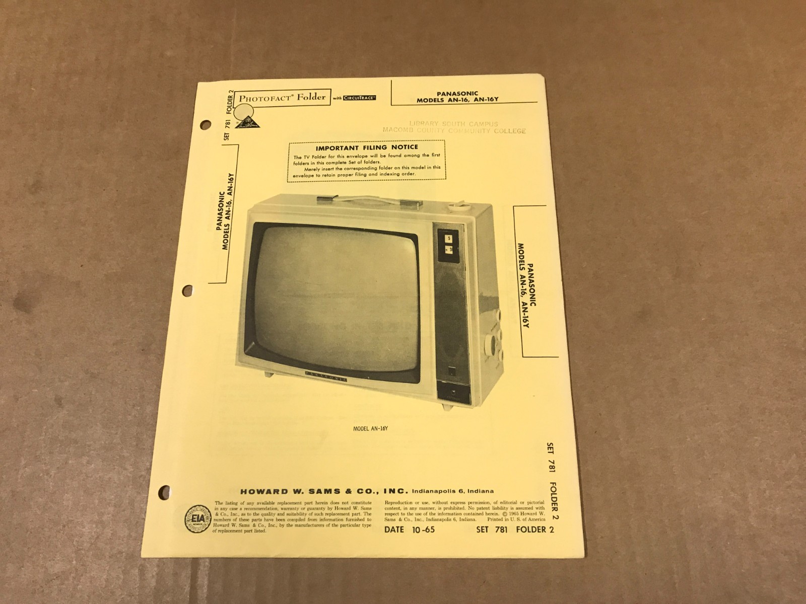 Vintage Photofact Folder - 781-2 - Panasonic TV Models AN-16,AN-16Y