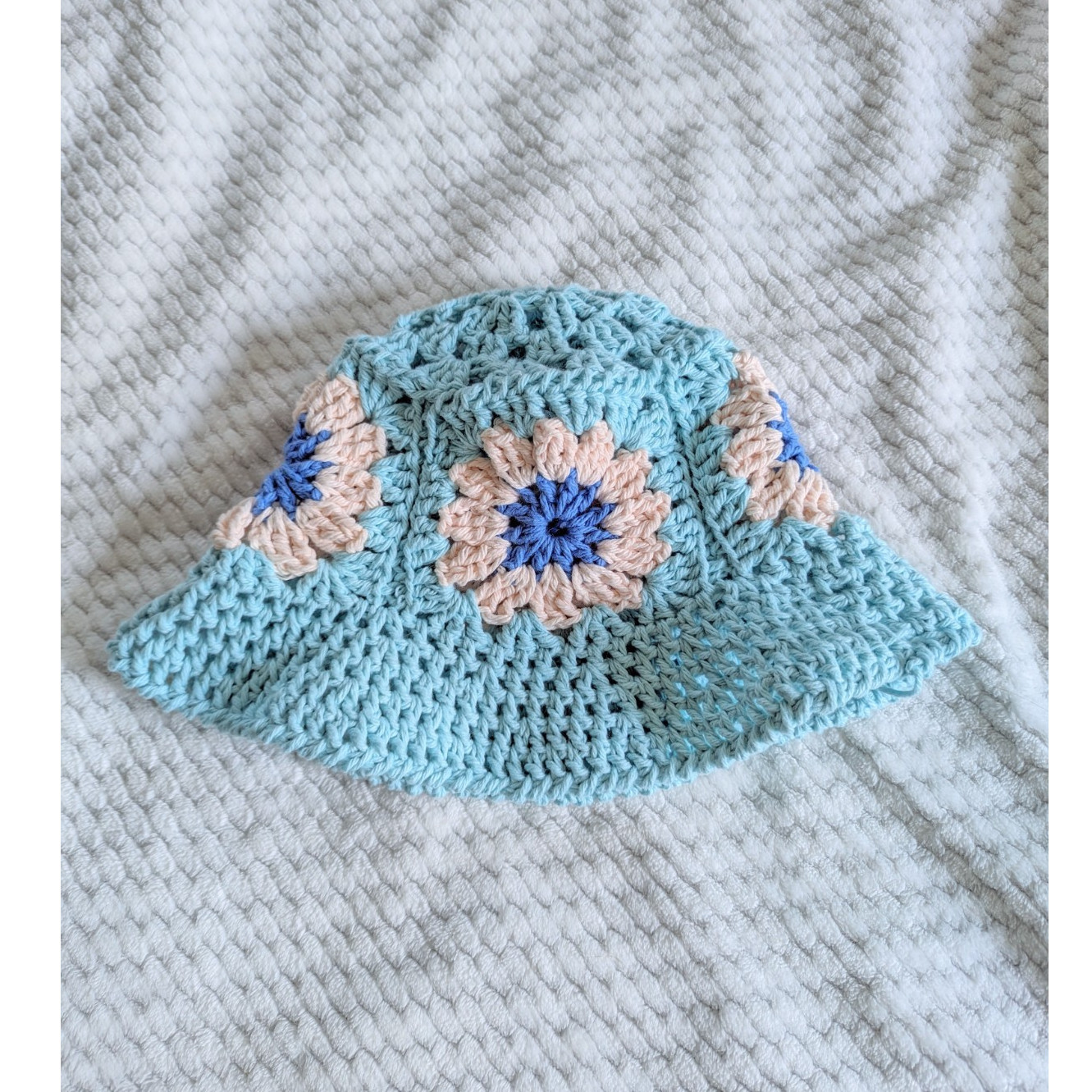 Handmade Crochet Flower Granny Square Bucket Hat Blue - Teen/Adult Small