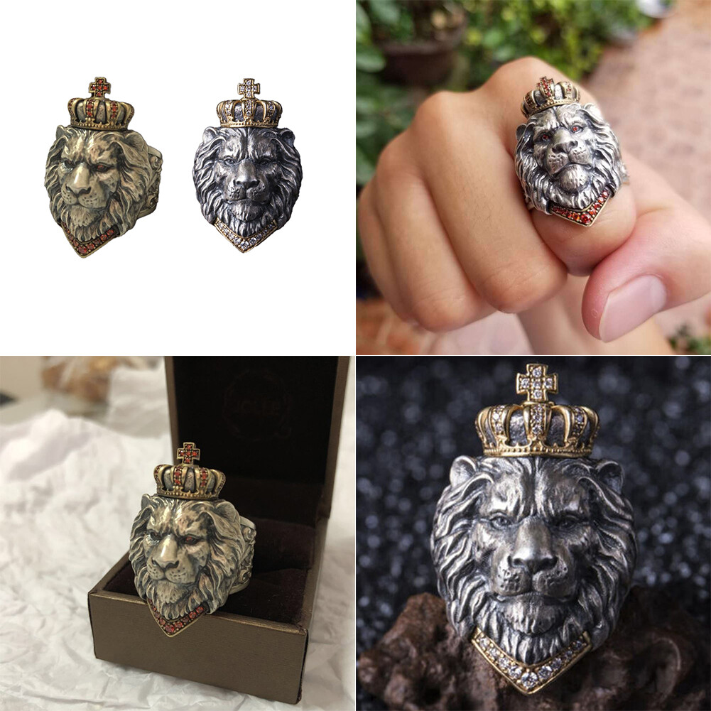 US 2Pc Punk Animal King Crown Lion Ring Adjustable lion Head Jewelry 925 Silver