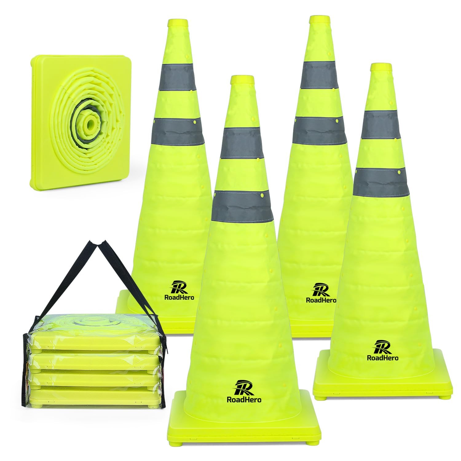 RoadHero 28 Inch 4 Pack Collapsible Traffic Safety Cones with Bag, Green