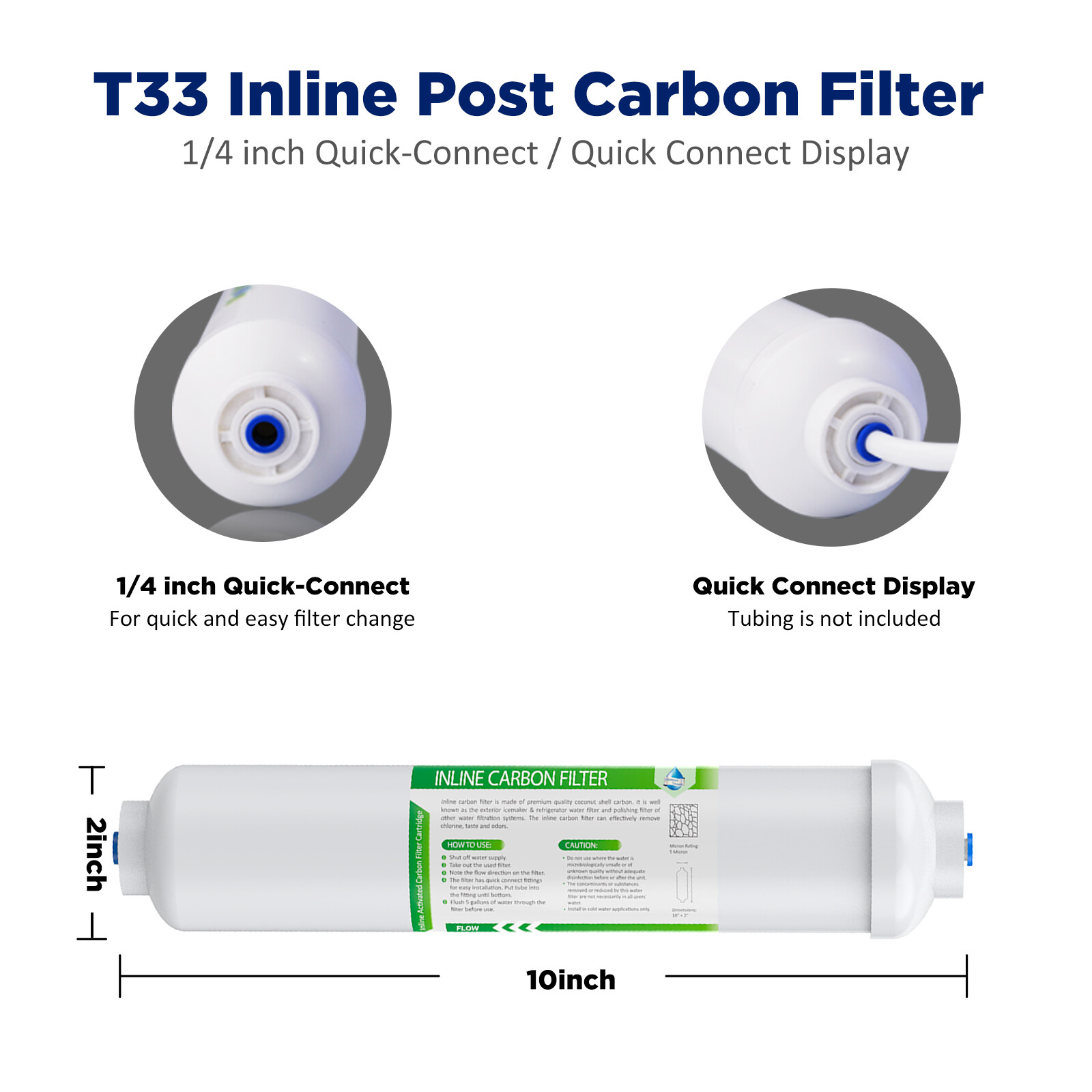 1-9 Pack 10"x2" Inline Post Carbon Water Filter T33 1/4" Quick Inlets Standard