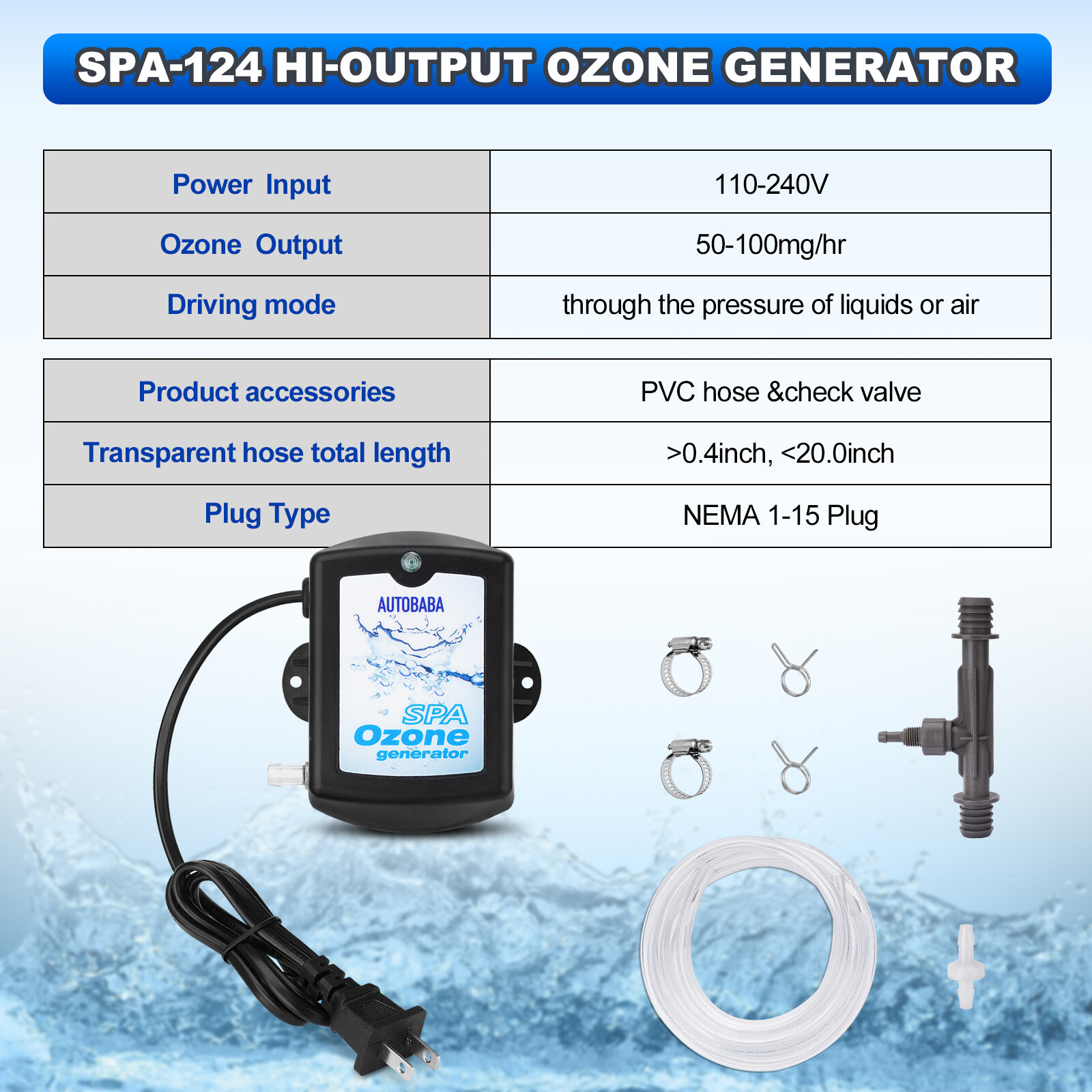 50mg Spa Ozonator Generator Kit For Hot Tub Ozone Generator 120V/240V NEMA 1-15