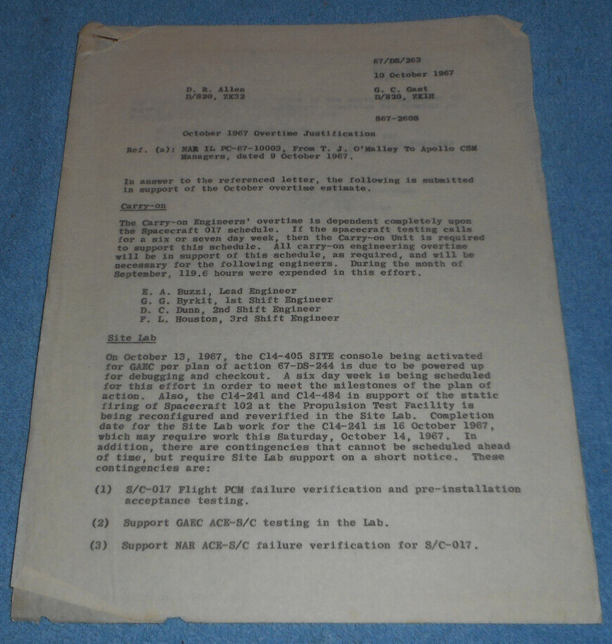 1967 North American Aviation Internal Letter Apollo 4 Engineers Overtime Request