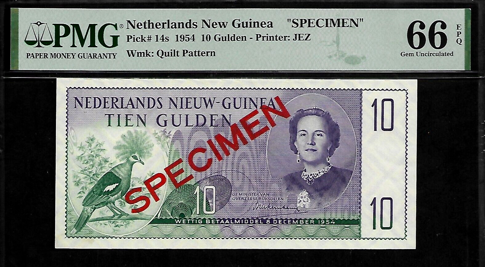 New Guinea Specimen 10 Gulden 1954 PMG 66 EPQ UNC P#14s Printer JEZ