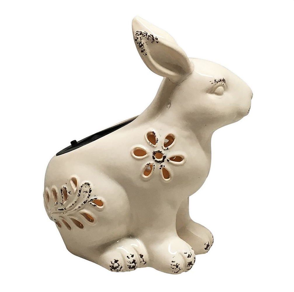 Rustic Stoneware Outdoor Solar LED Bunny Table Accent Decor