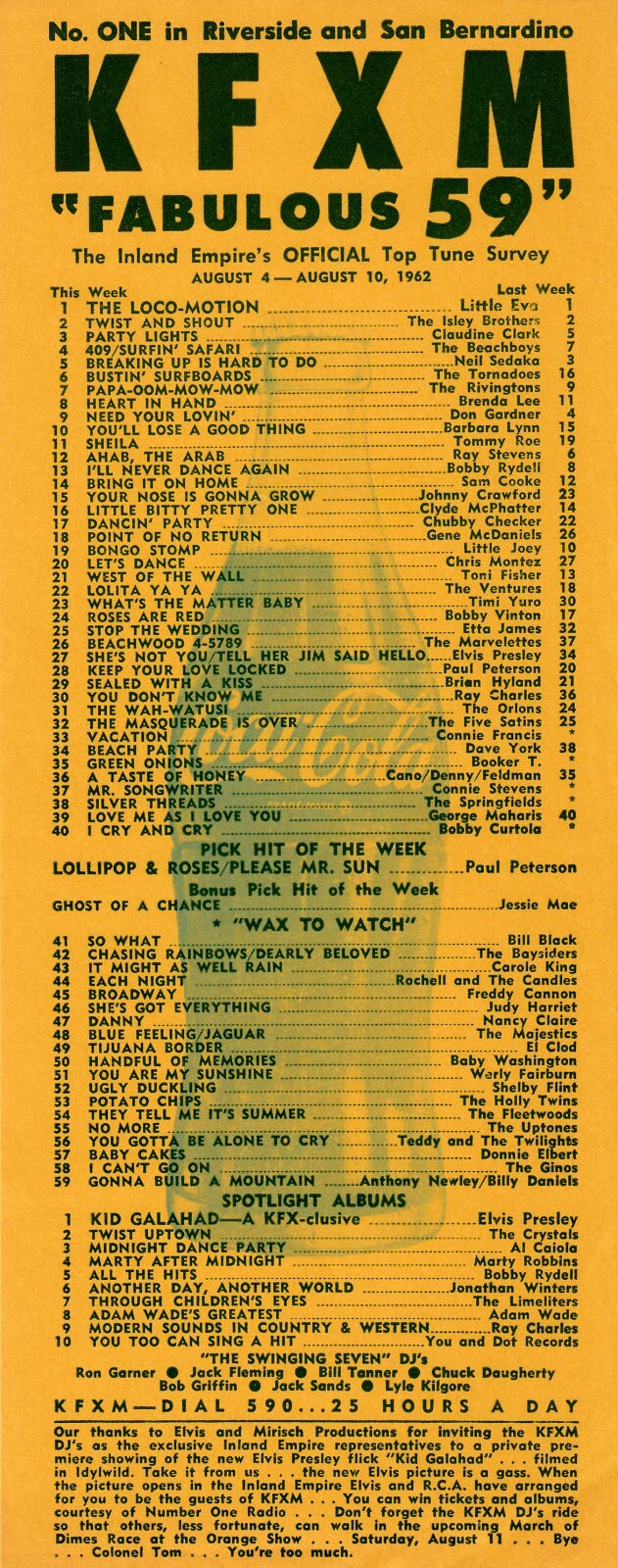 KFXM RADIO  "Fabulous 59" Top 59 Survey 8/4-8/10, 1962 MINT