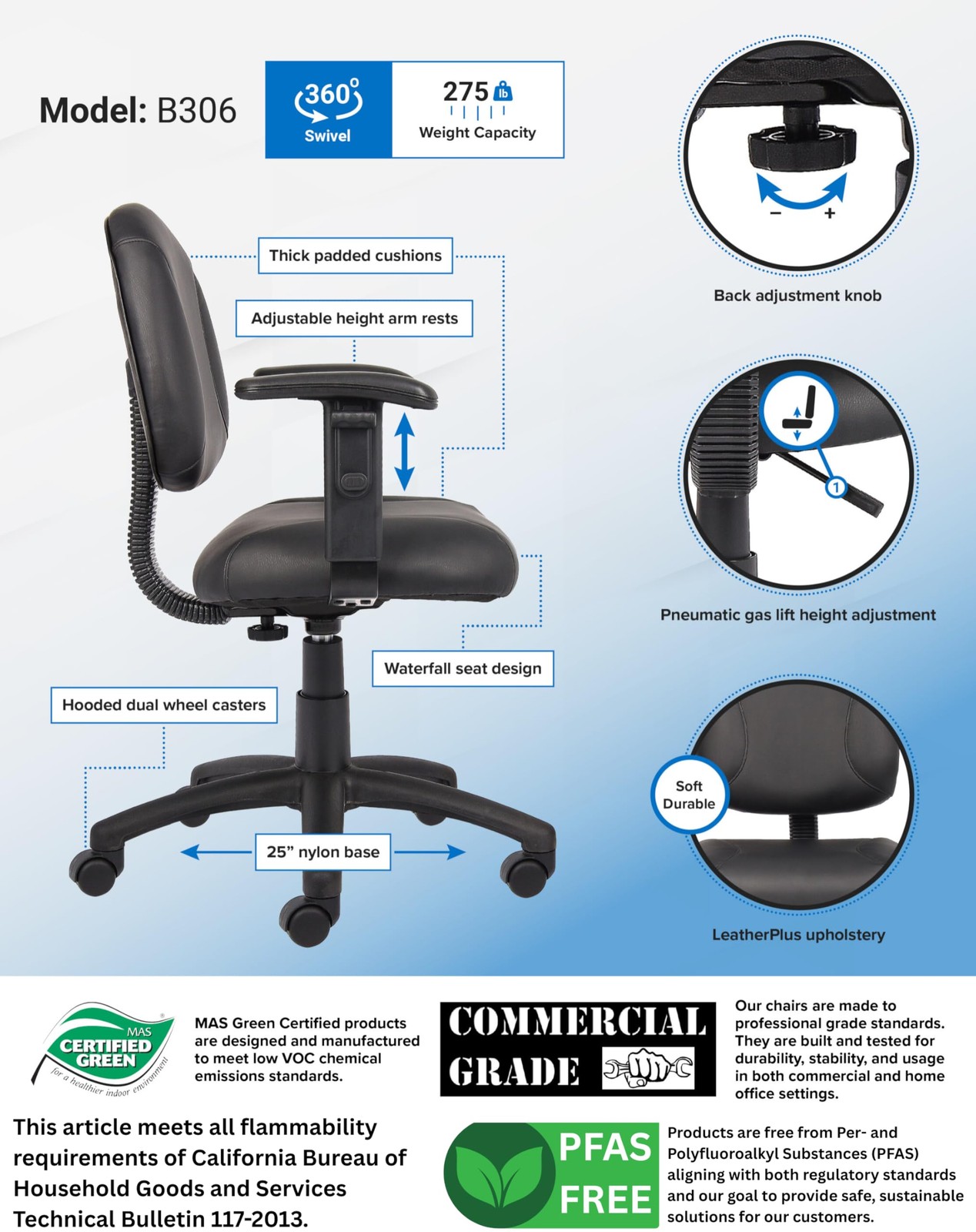 Posture Task Chair with Adjustable Arms in Black, 250 (B306)