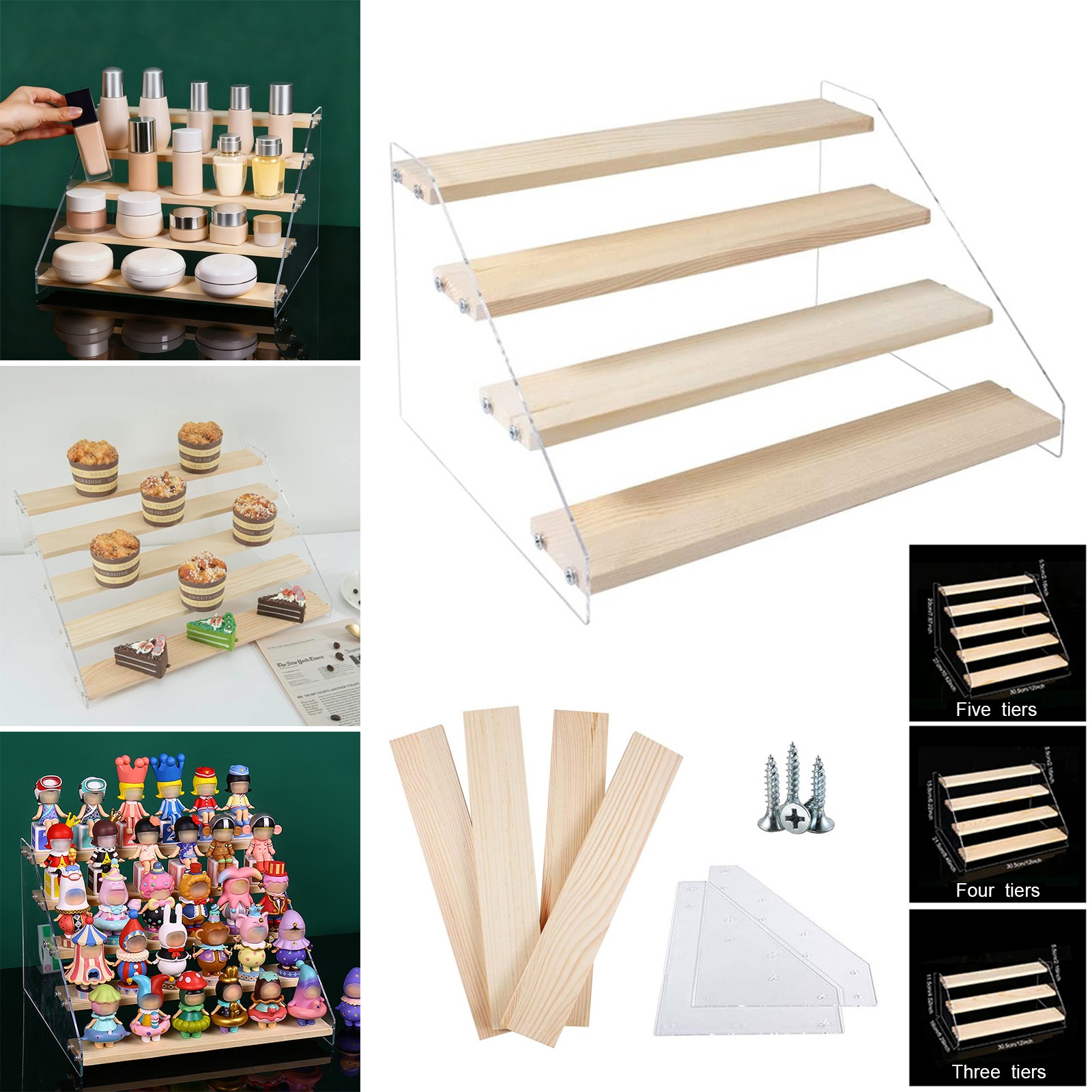 1-10Pack 3/4/5Tier Acrylic Display Risers Showing Stand Display Shelf Wooden