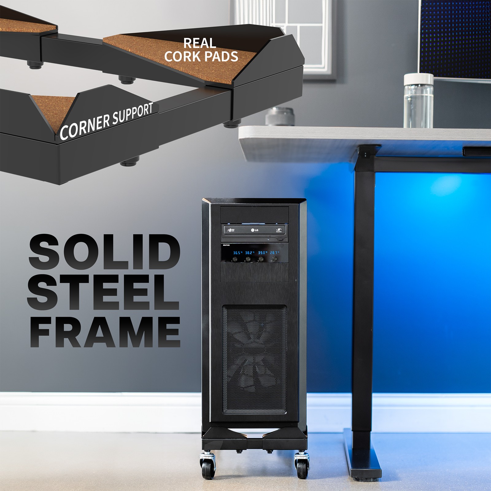 USED VIVO Black Premium Large PC Cart CPU Rolling Adjustable Computer Trolley