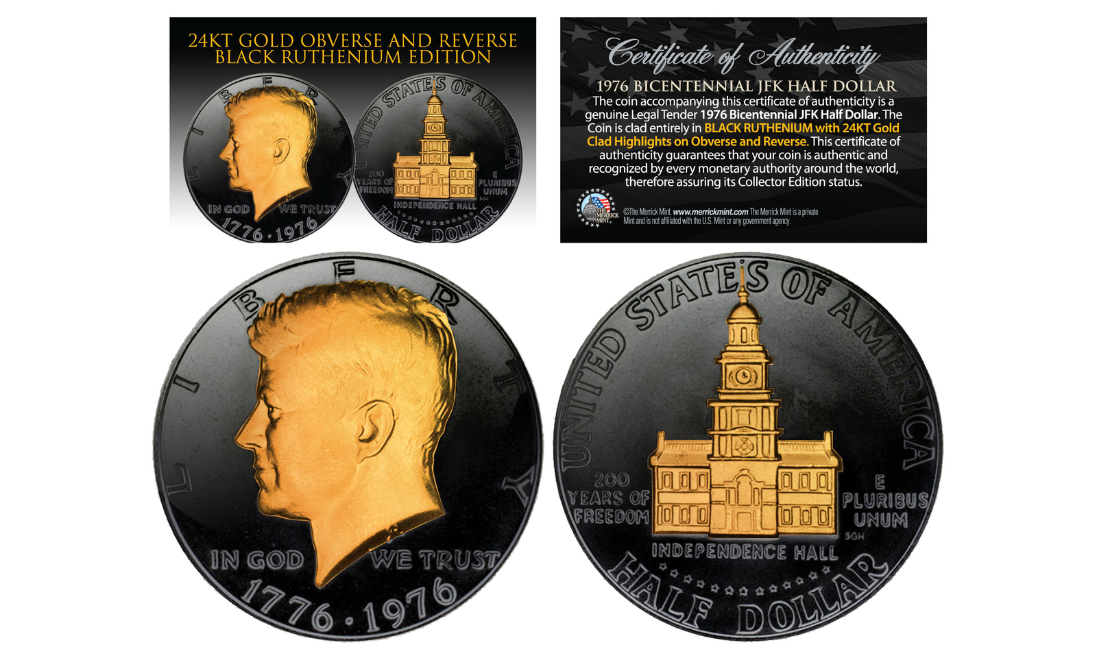 1976 BLACK RUTHENIUM Bicentennial JFK Half Dollar  w/ 24K GOLD features 2-Sided