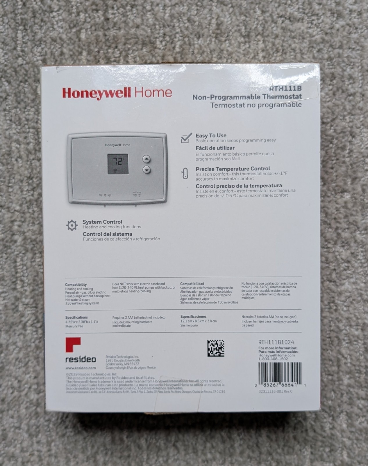 Honeywell RTH111B1024 Digital Non-Programmable Thermostat - White