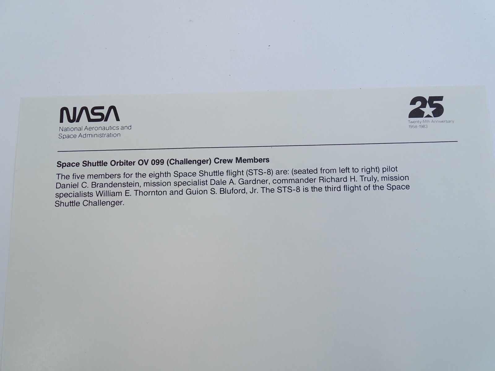 STS-8 NASA Space Shuttle Crew Photo Card
