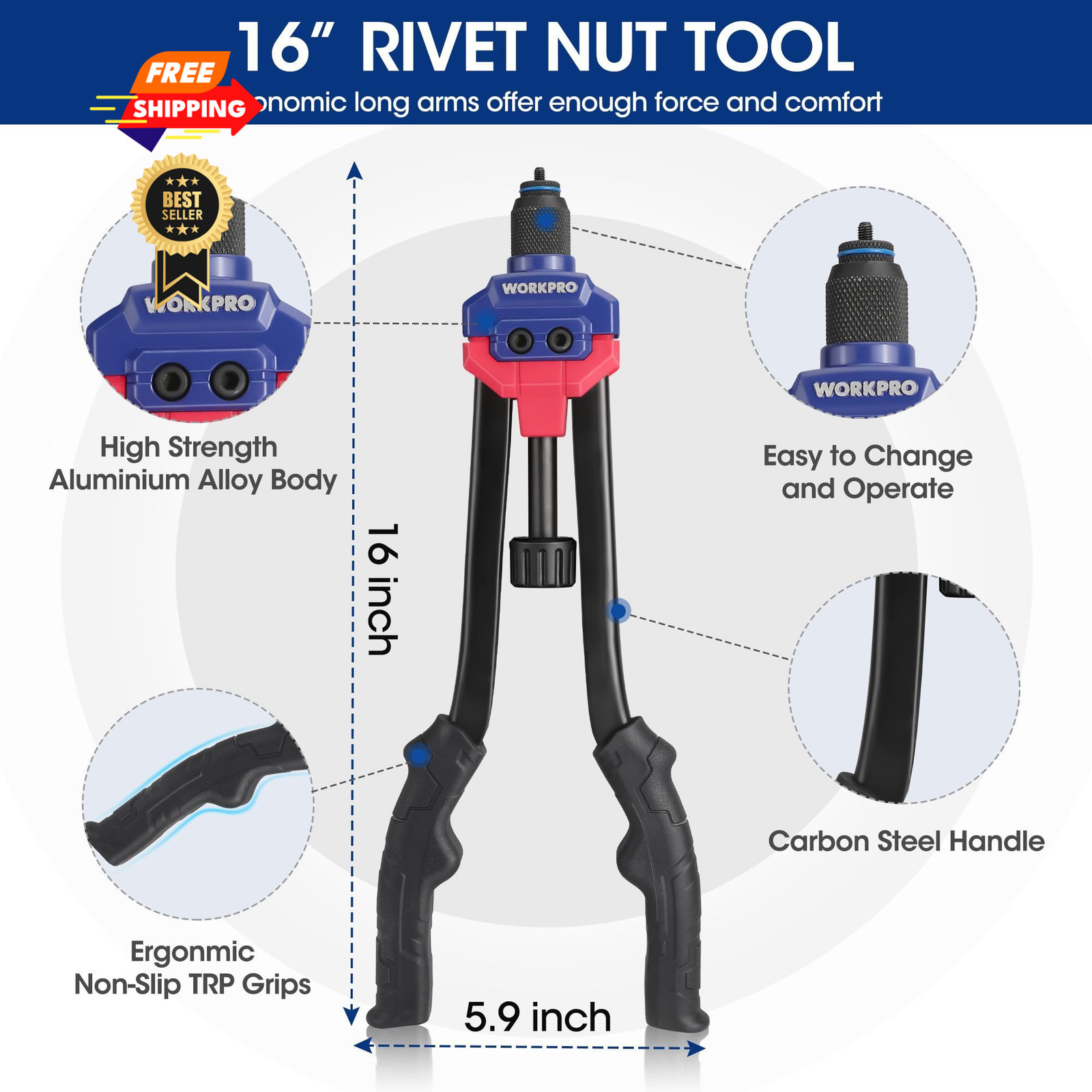 WORKPRO 16" Rivet Nut Tool Kit with Carrying Case Black, Red, Blue