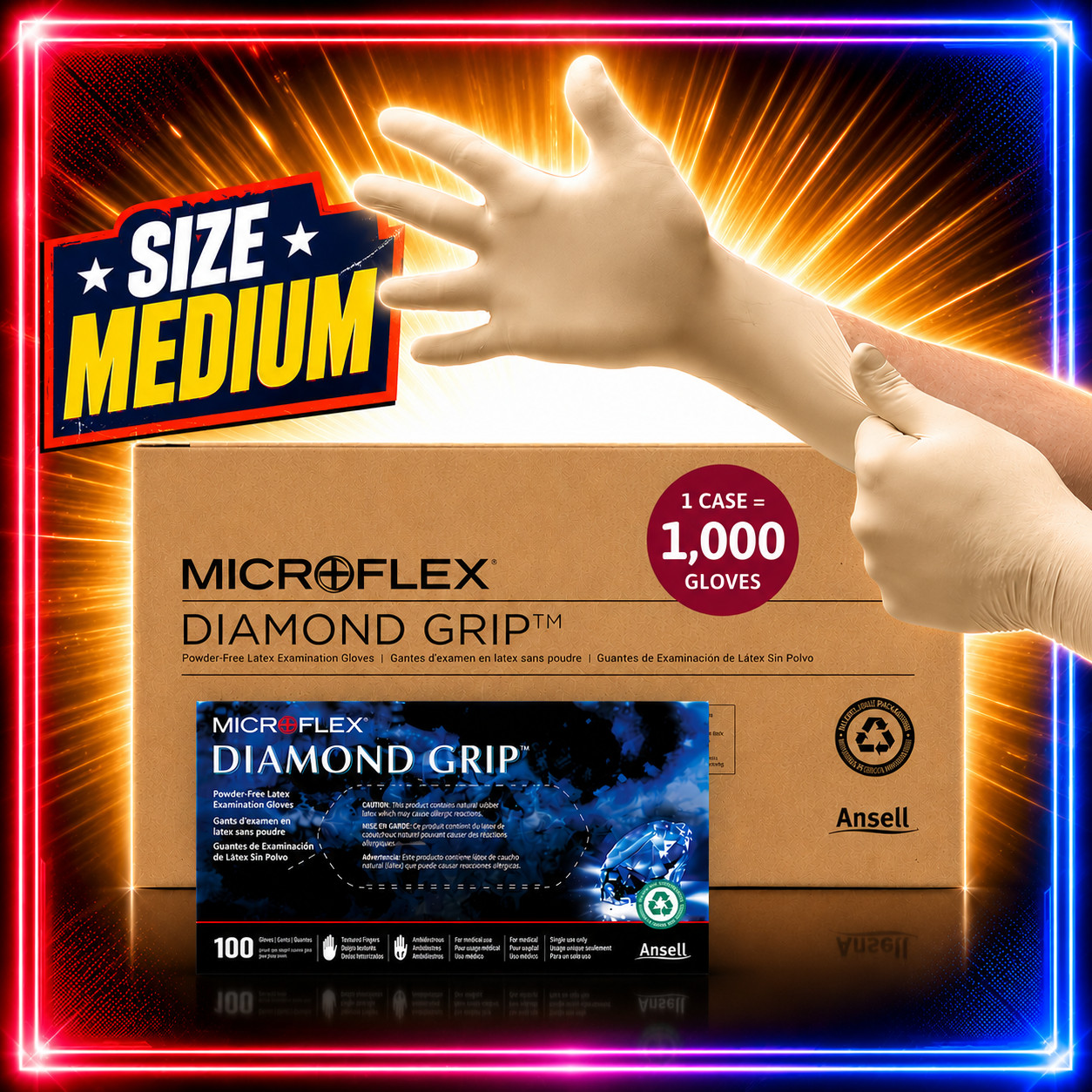 Microflex MF300M-CASE Diamond Grip Med Disposable Latex Gloves - 1,000pk CASE