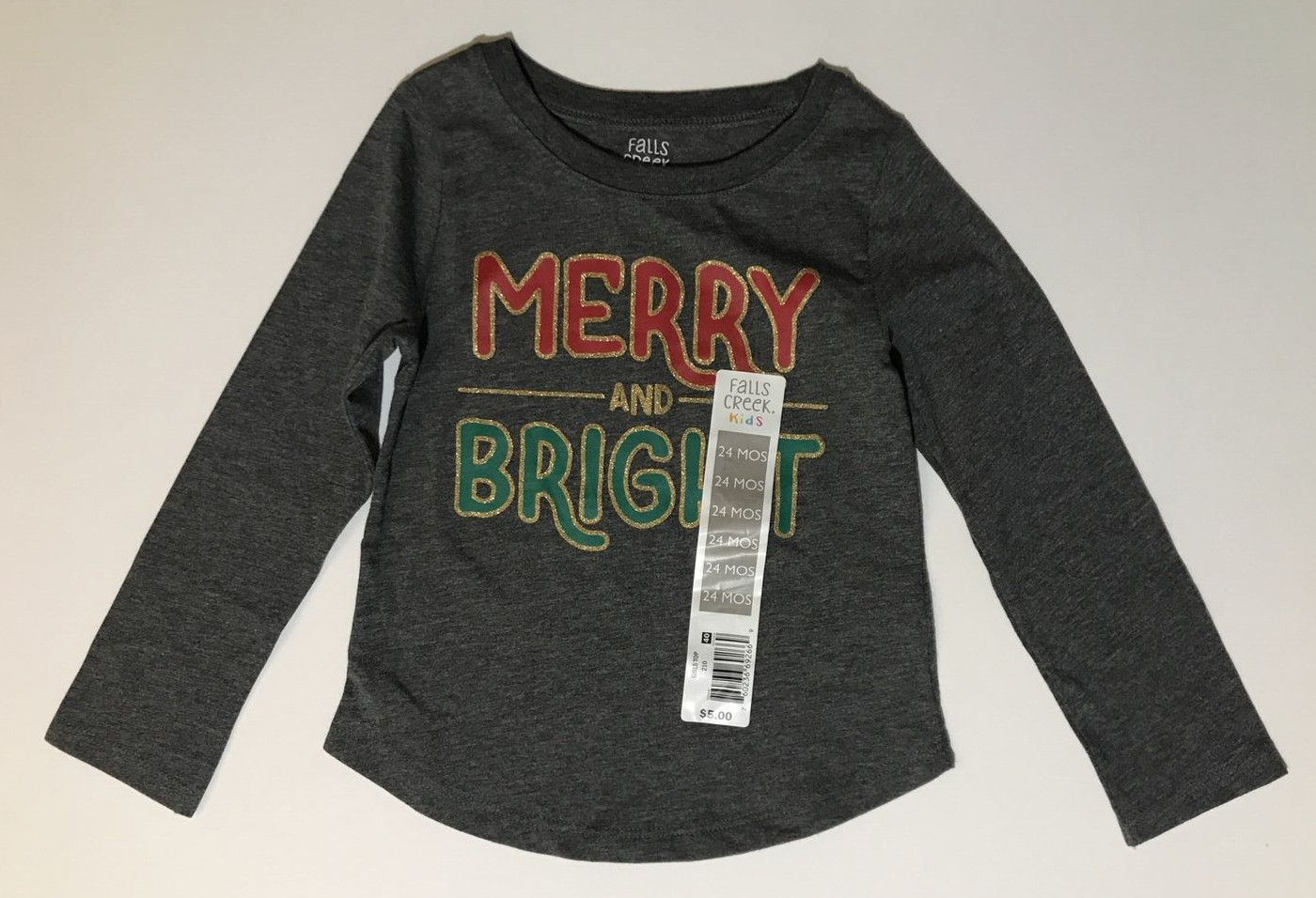 MERRY AND BRIGHT Christmas Gray Long Sleeve Shirt -Glittery-Girl's Size 24m  NEW