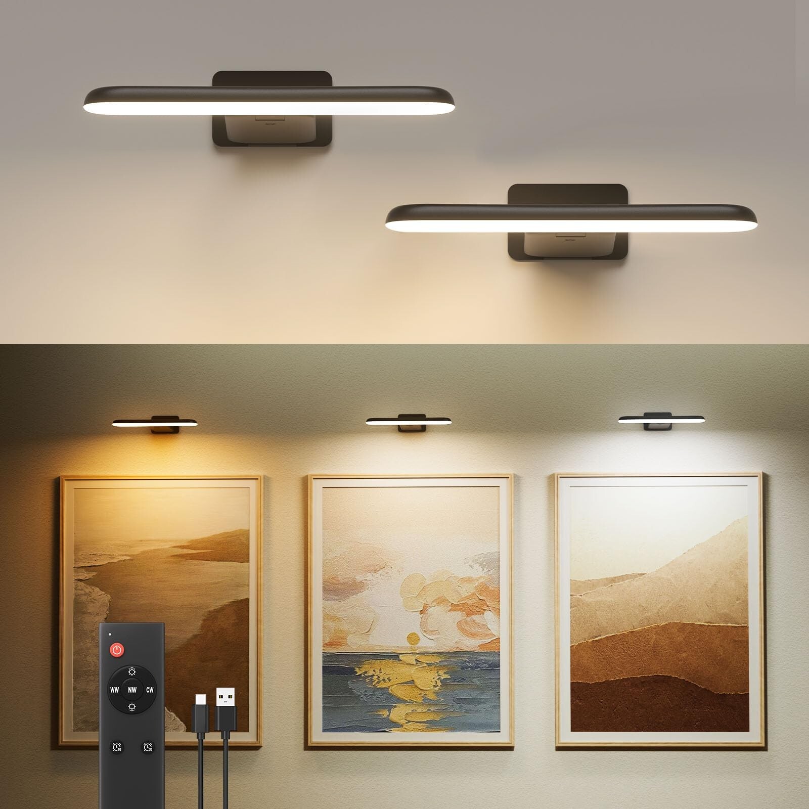 FULEN 2 Pack Picture Lights for Wall,Battery Operated Wall Sconce Rechargeabl...