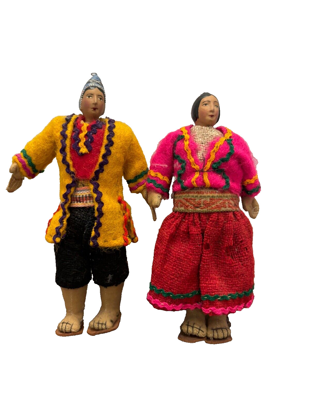 2 Vtg South American Peruvian Dolls Figure Folk Art Handmade 7 Inch Man & Woman
