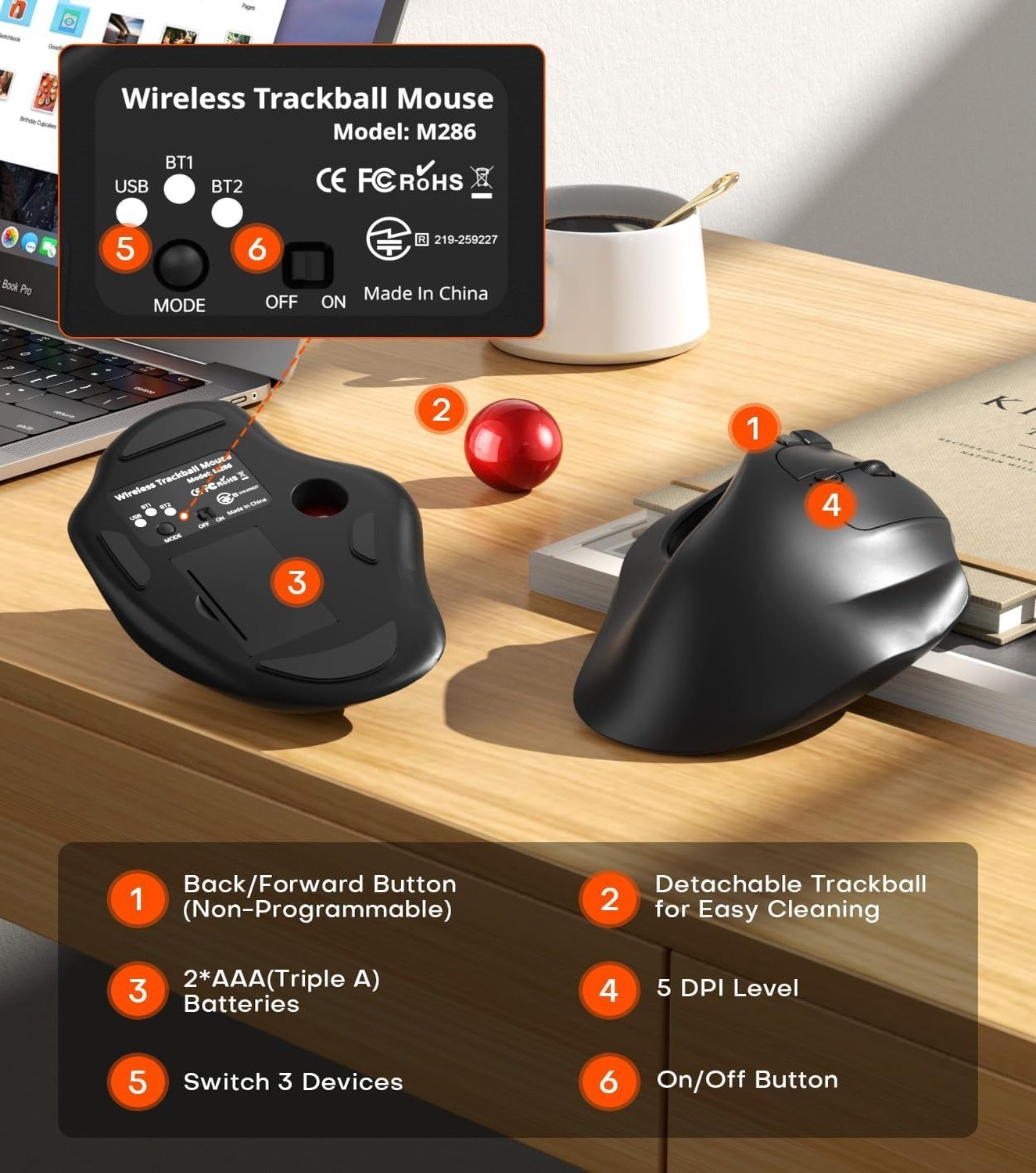 Wireless Ergonomic Trackball Mouse Bluetooth 2.4G Thumb Control Multi Device PC
