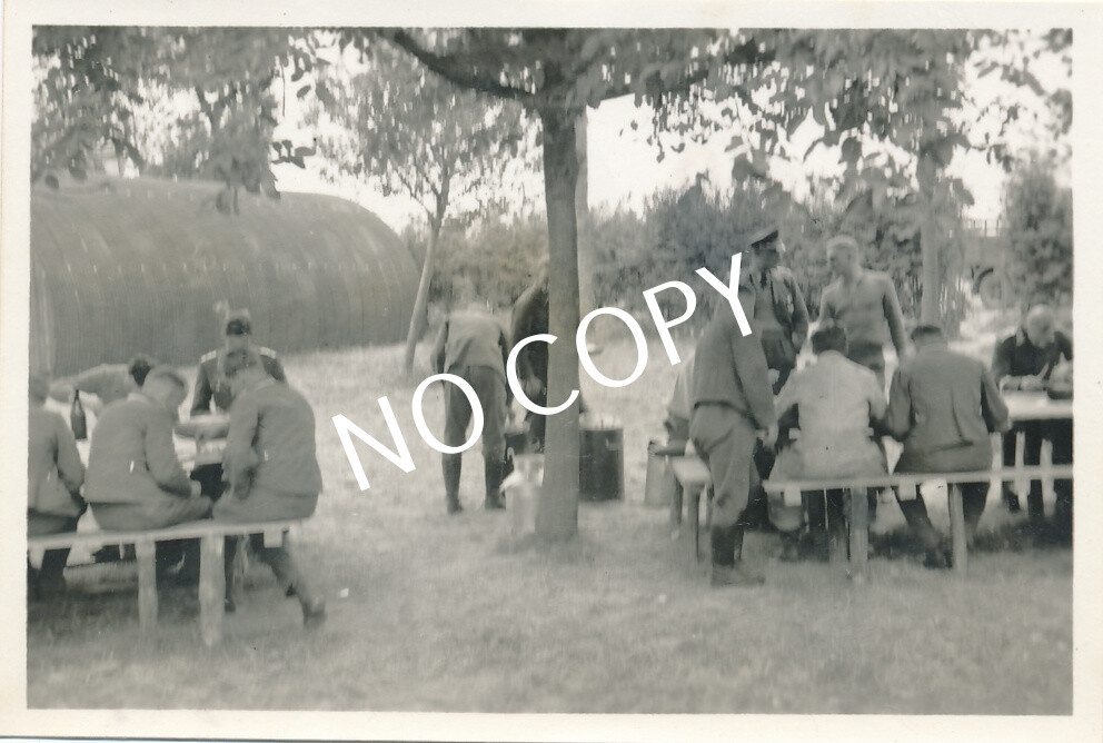 Photo WW II Wehrmacht Soldiers Quarters Camp Lunch Break France H1.75