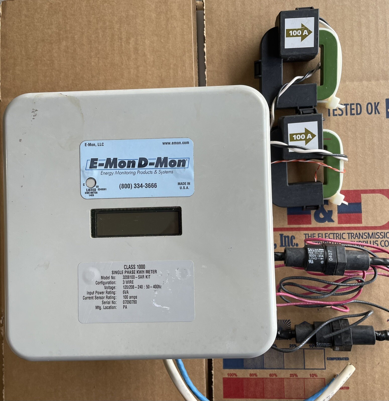 E-Mon D-Mon EMON 3208100-SAR KWH METER, 2 SENSR 100A , 2 FUSE HLDR, 120/208-240V