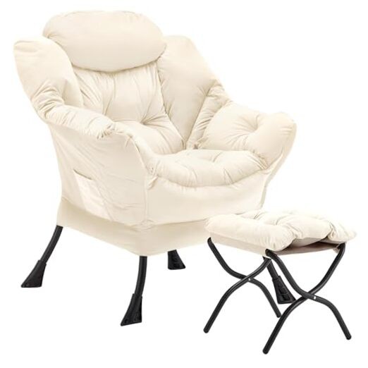 Lazy Chair with Folding Ottoman, Accent Chair Velvet Upholstered with Beige-f