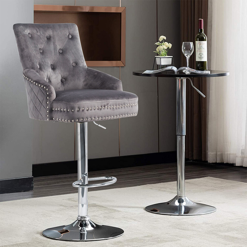 Extra Large Velvet Bar Stool Heavy Duty Adjustable Breakfast Chair w Stable Base