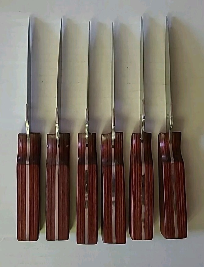 6 Rare Steak Knifes by Wiebe Wood Handle & Razor Sharp EXCELLENT (B2-A8)
