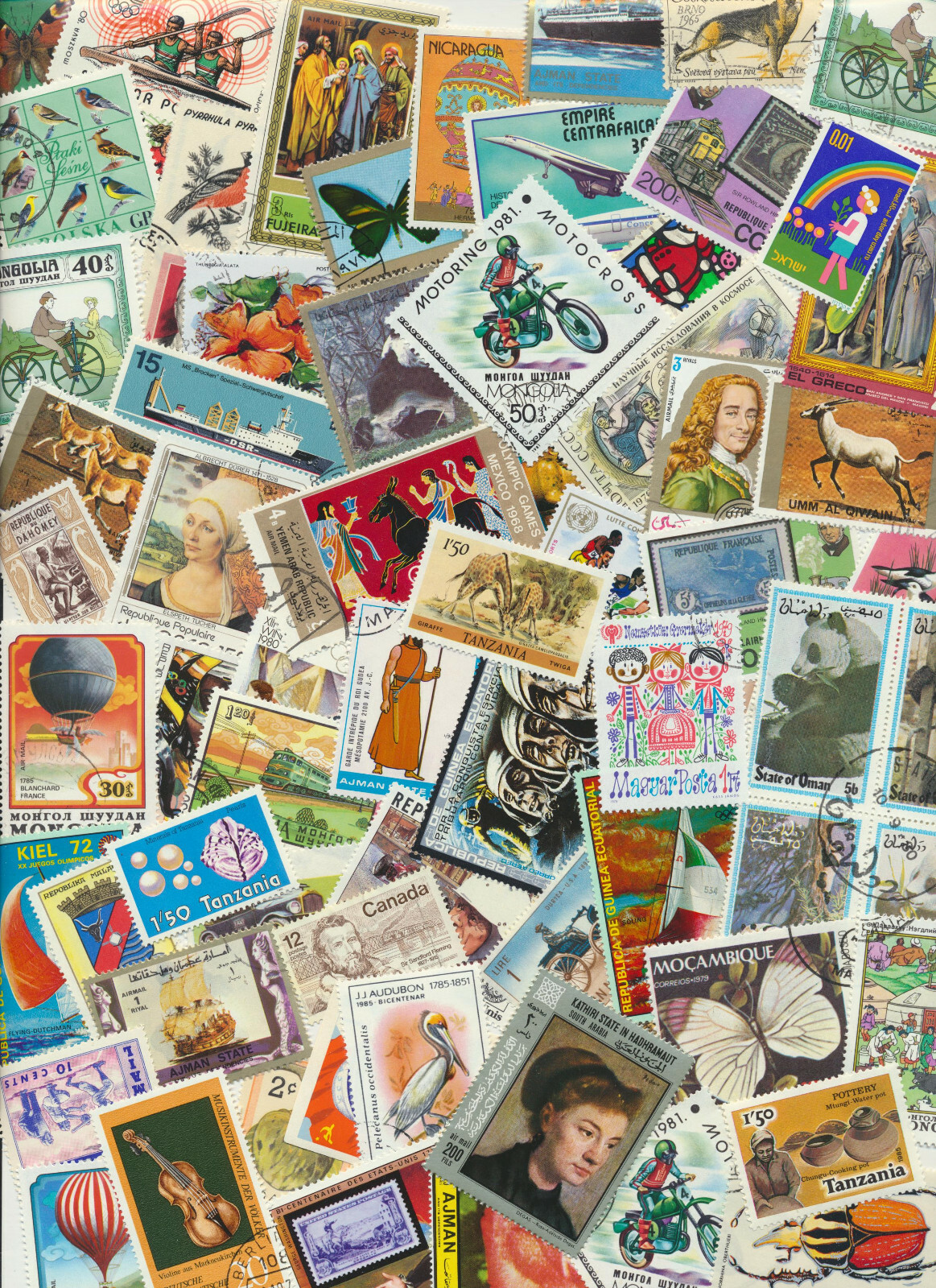 Colorful Topical Worldwide (NO USA) Stamp Mixture 100 Stamps Off Paper + Bonus