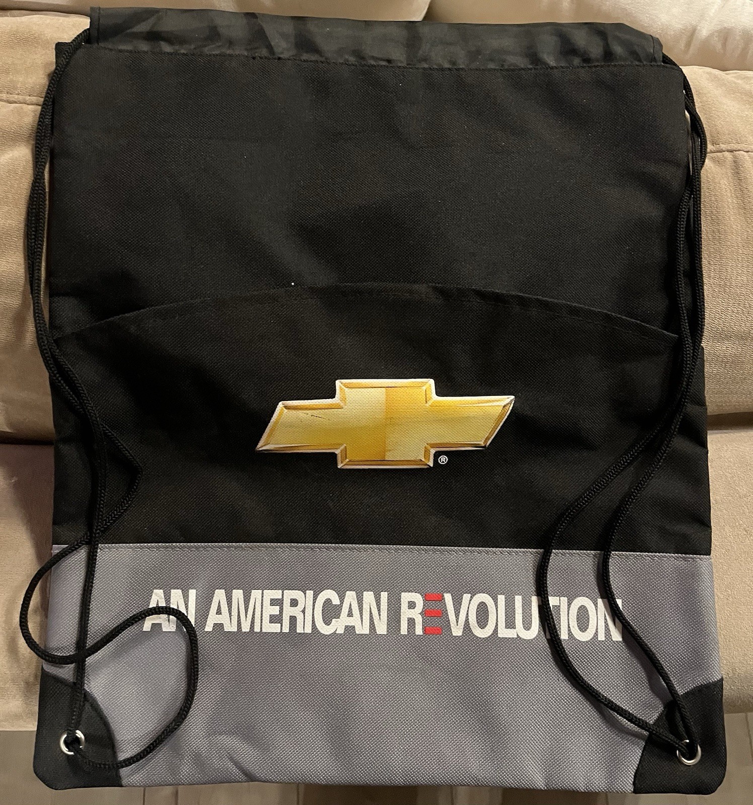 Chevrolet An American Revolution Large Drawstring Gym Bag Black Gray Adjustable…