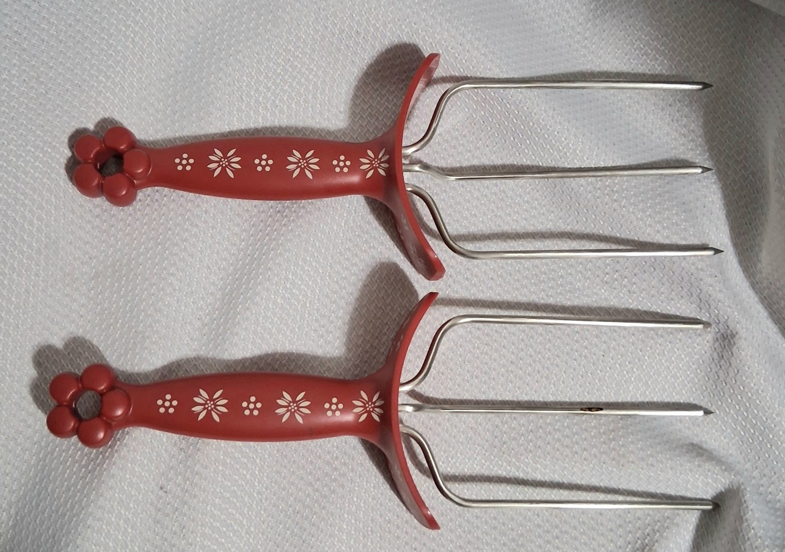Rare Vintage All Clad 2-pc Stainless Steel Turkey Meat Lifter Set Red Handle