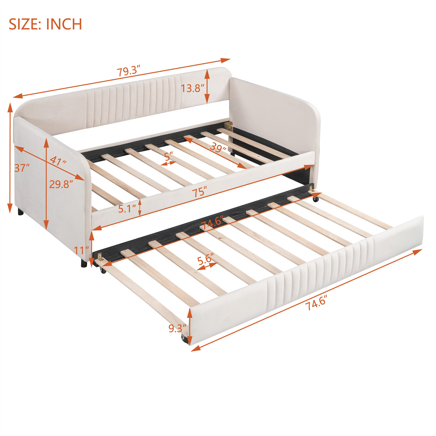 Twin Size Daybed with Trundle Upholstered Bed Frame Sofa Bed Beige/Blue/Gray