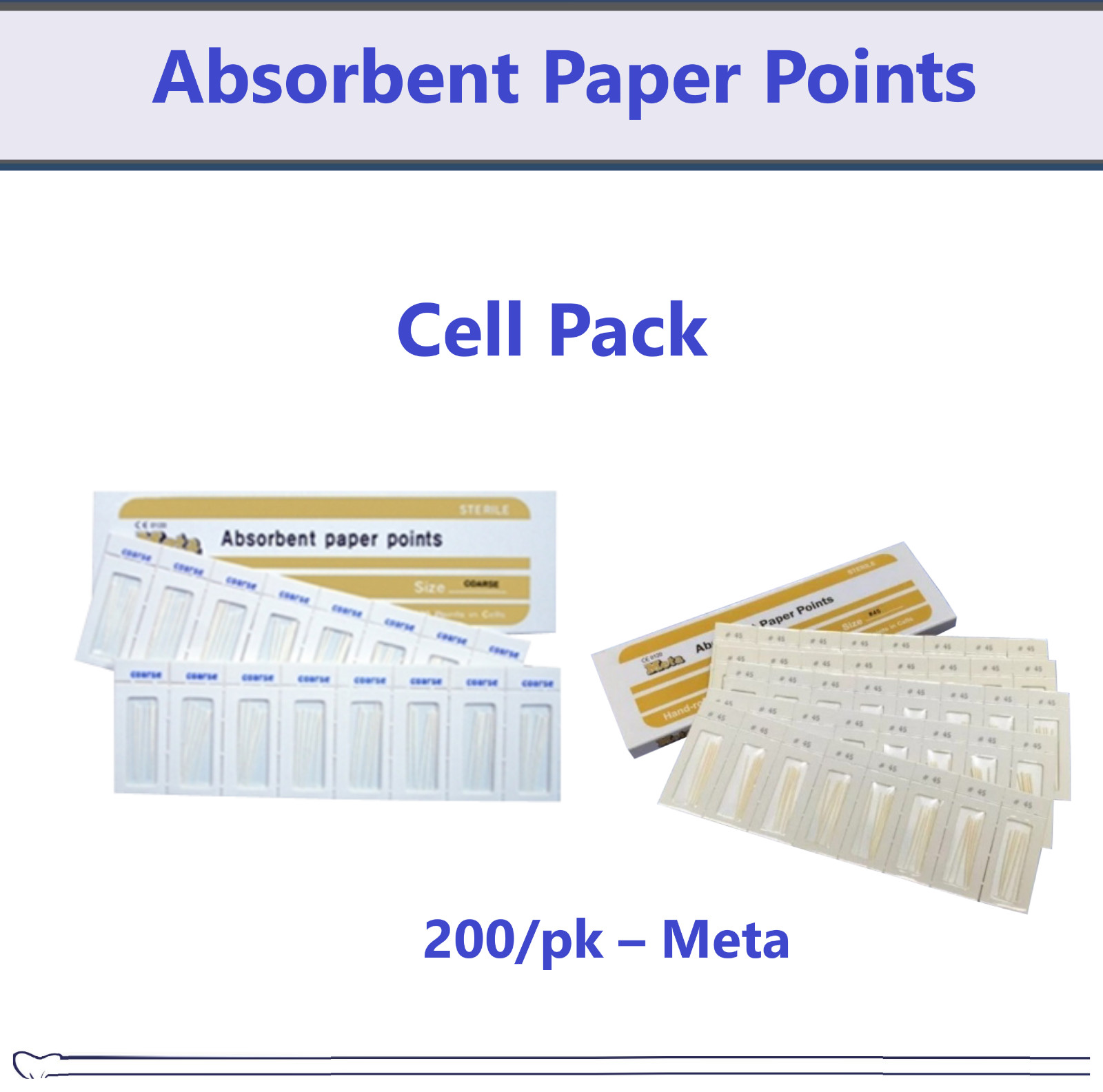 Dental Absorbent Paper Points CELL PACK Paper Points, CHOOSE SIZE, Meta 200/Bx.