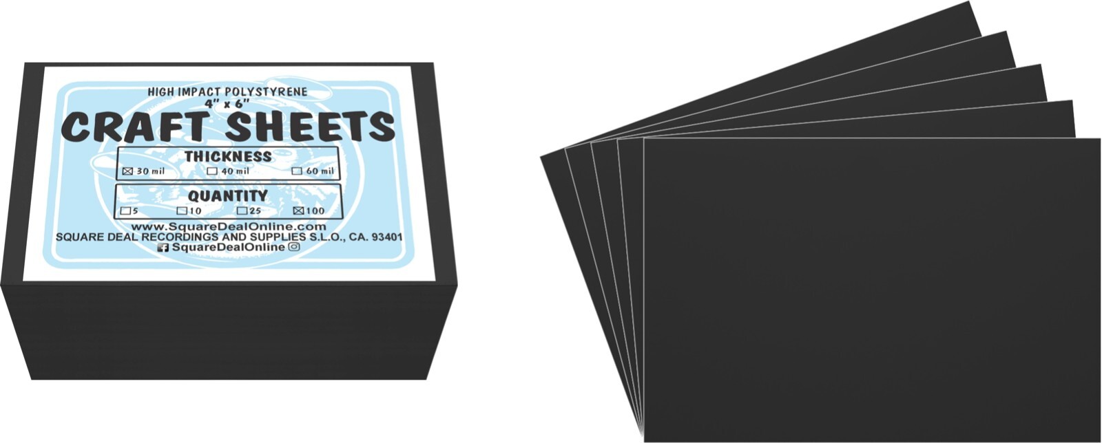 Black Flex Plasticard Polystyrene Craft Sheets - 4"x6" - .030" thick - 100 Pack