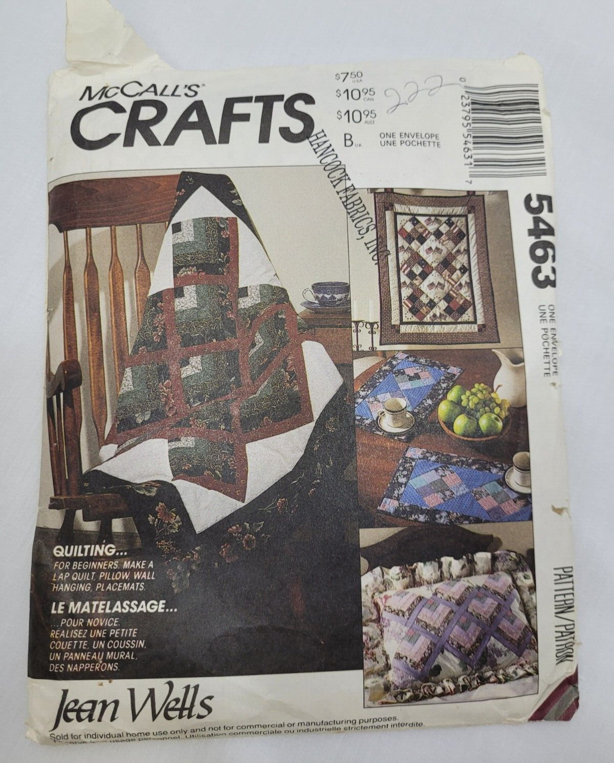 McCalls Crafts Quilt Pattern #5463Jean Wells Uncut Beginners Lap Pillow Wall
