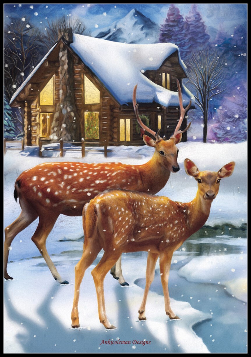 Winter Cabin Deer - Chart Counted Cross Stitch Patterns Needlework DIY DMC