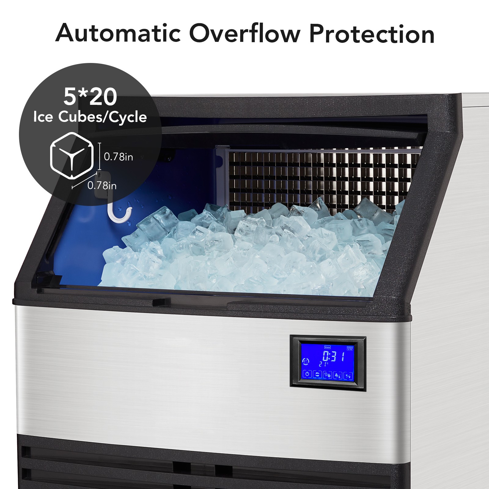 Commercial Ice Maker, Ice Maker Machine with 99lbs Storage Bin 176lbs/24 Hours