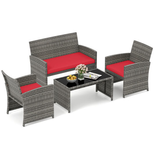 4 Piece Patio Conversation Set Rattan Chair Loveseat and Table Set-Red - Color: