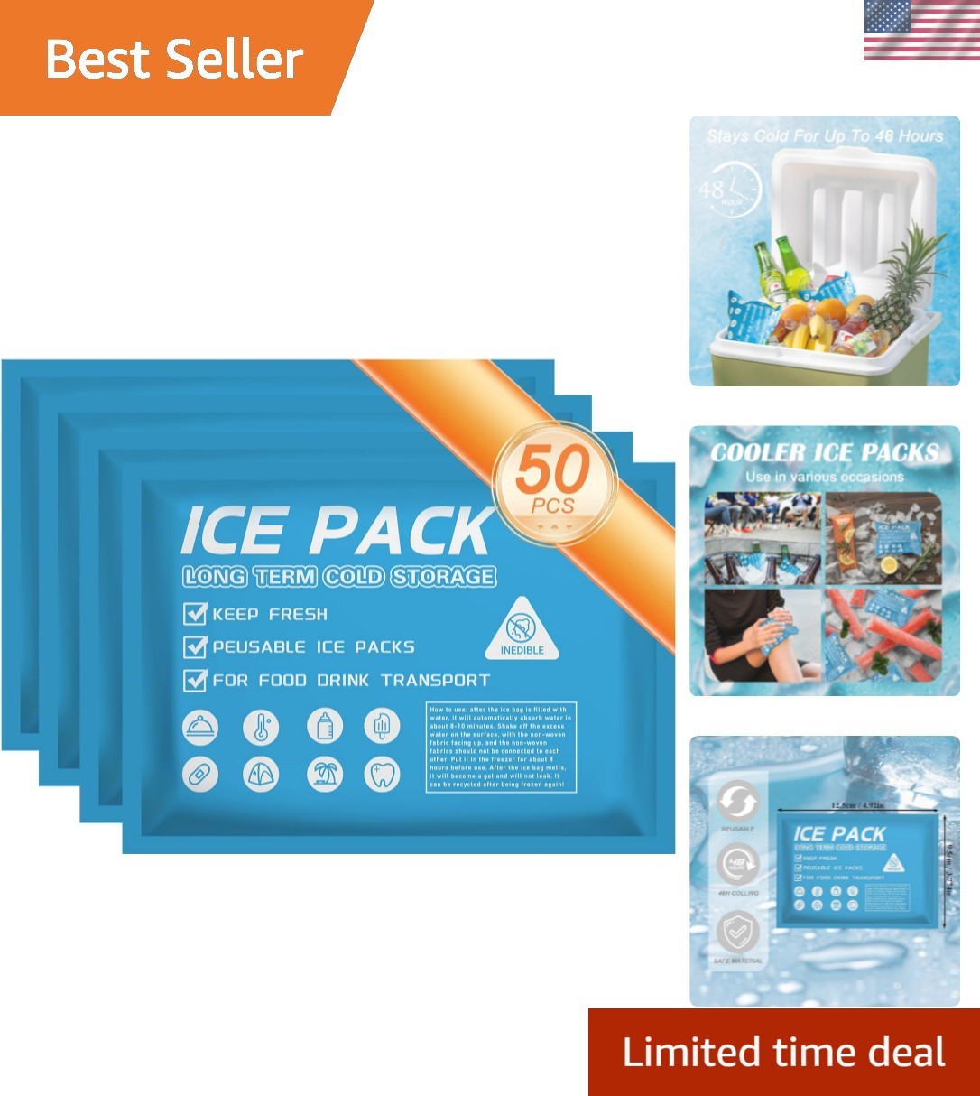Ice Packs for Coolers Shipping Lunch Box Cold Cooler Bag Long Lasting Reusabl...