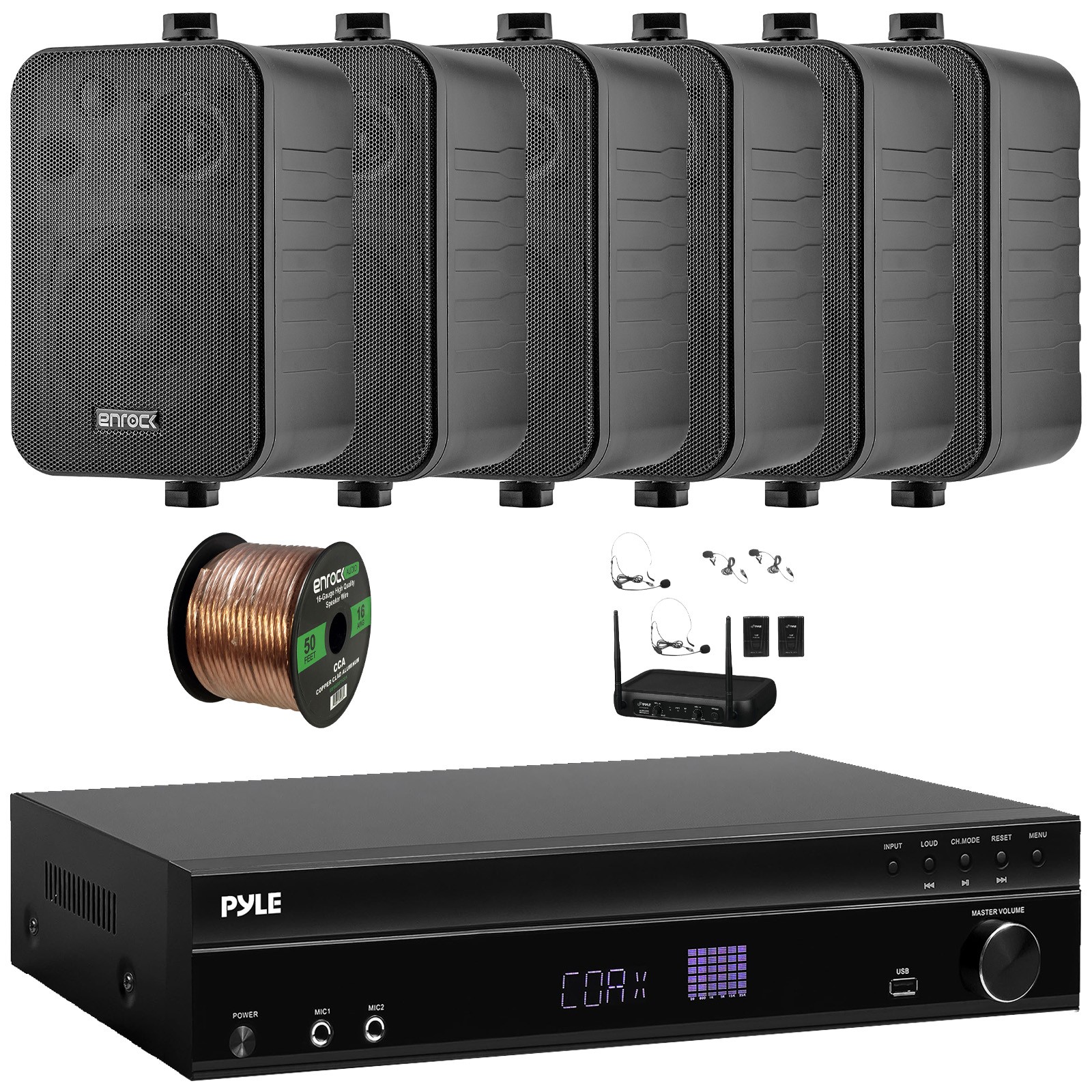 Pyle Bluetooth Home Receiver, 6x 4" 30W Max Outdoor Speakers + Wireless Mic