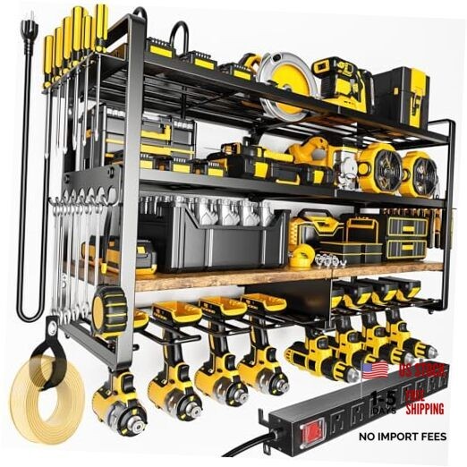 Power Tool Organizer Wall Mount with 8-Outlet Charging Large Black & Wood